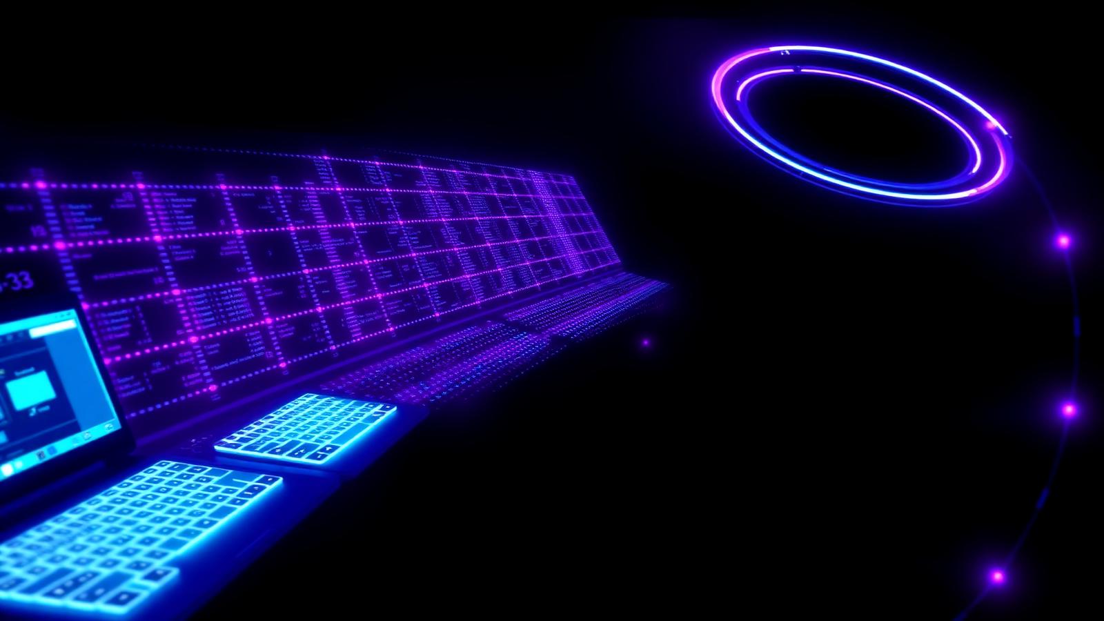 Illuminated terminals and orbit rings representing a hackathon build night